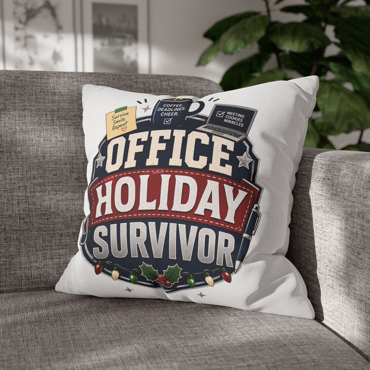 Office Holiday Survivor Pillowcase Modern Day Christmas  - Funny Workplace Christmas Decor