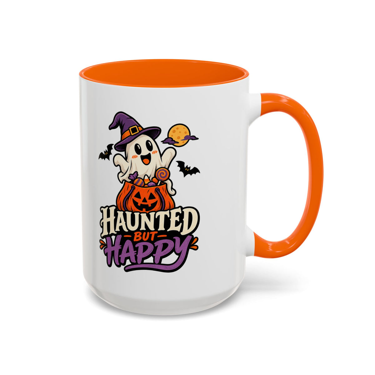 Haunted But Happy Coffee Mug — Halloween Ghost Pumpkin Accent Mug (11/15oz)