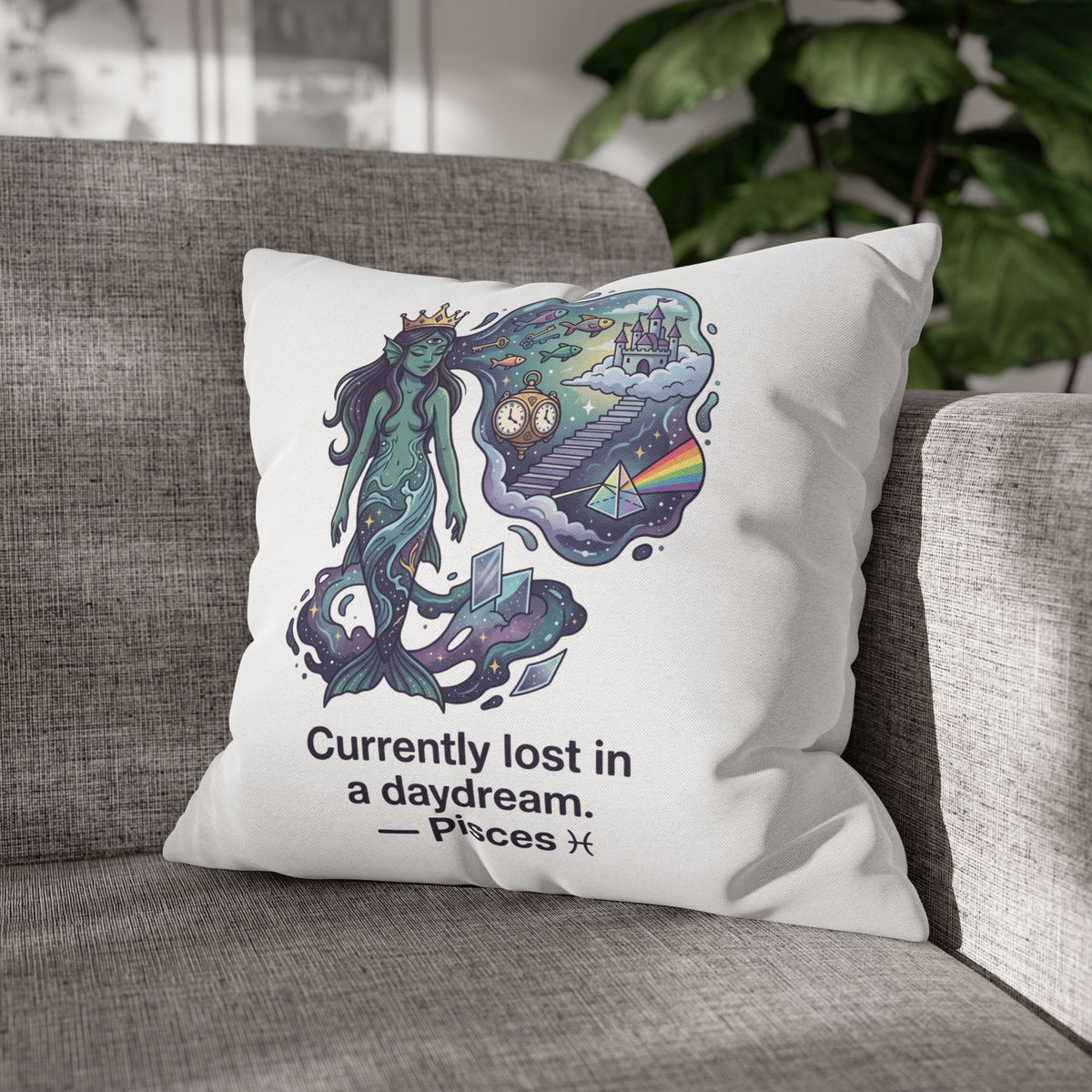 Pisces Mermaid Pillowcase — "Currently Lost in a Daydream" Decorative Throw Pillow