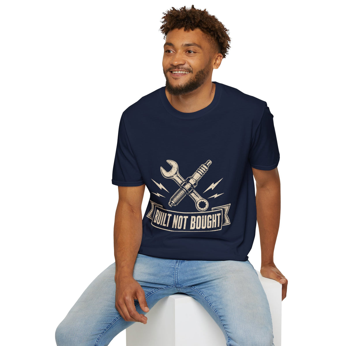 Built Not Bought T-Shirt — Vintage Mechanic Spark Plug & Wrench Tee for DIY Car Enthusiasts