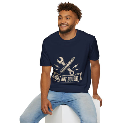 Built Not Bought T-Shirt — Vintage Mechanic Spark Plug & Wrench Tee for DIY Car Enthusiasts
