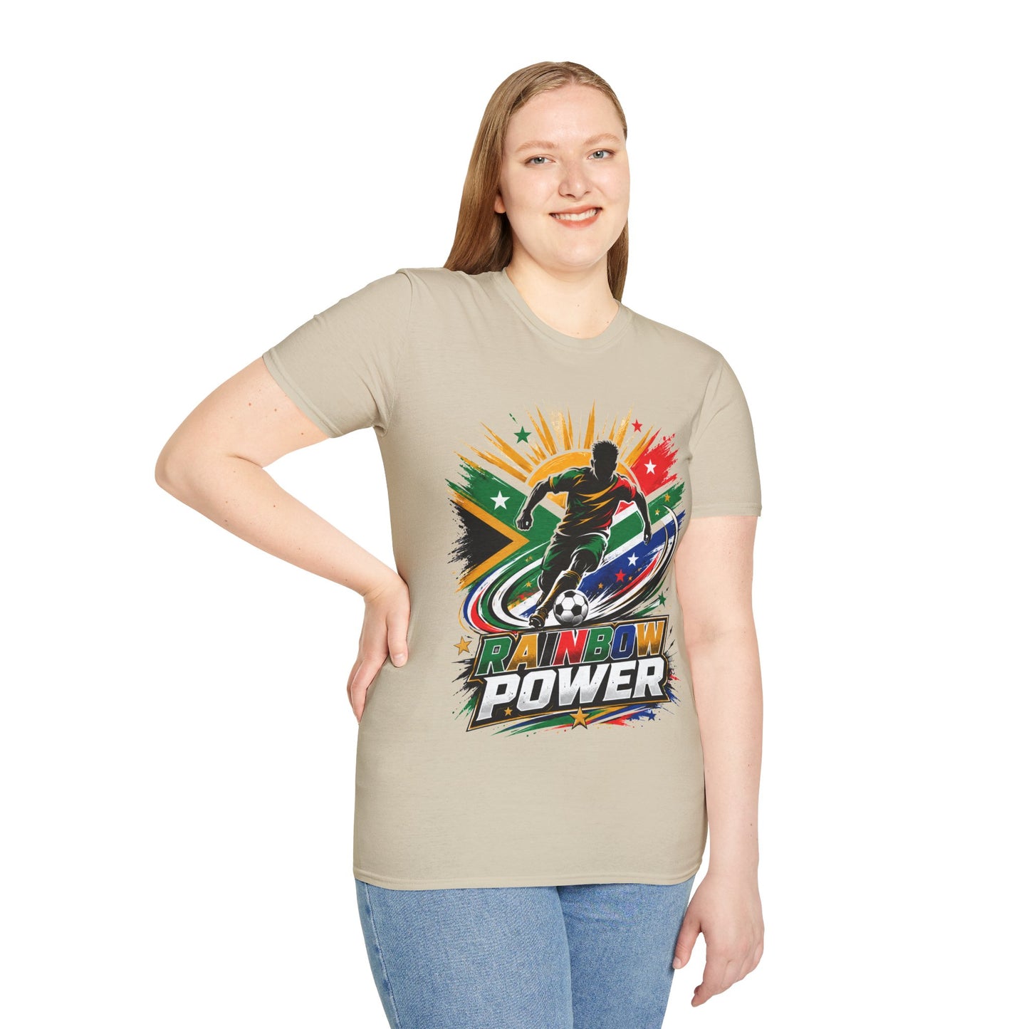 South Africa Soccer Rainbow Power T-Shirt — Colorful Football Player Graphic Tee