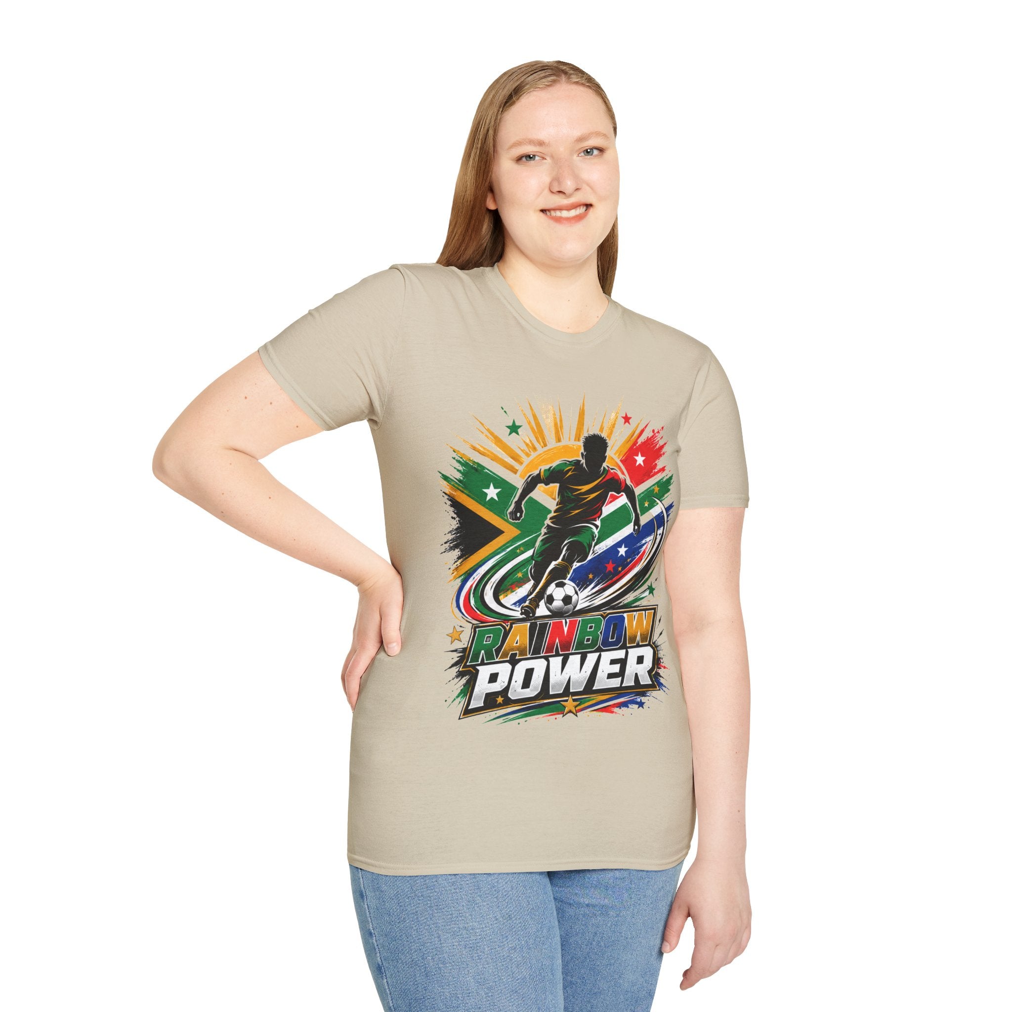 South Africa Soccer Rainbow Power T-Shirt — Colorful Football Player Graphic Tee