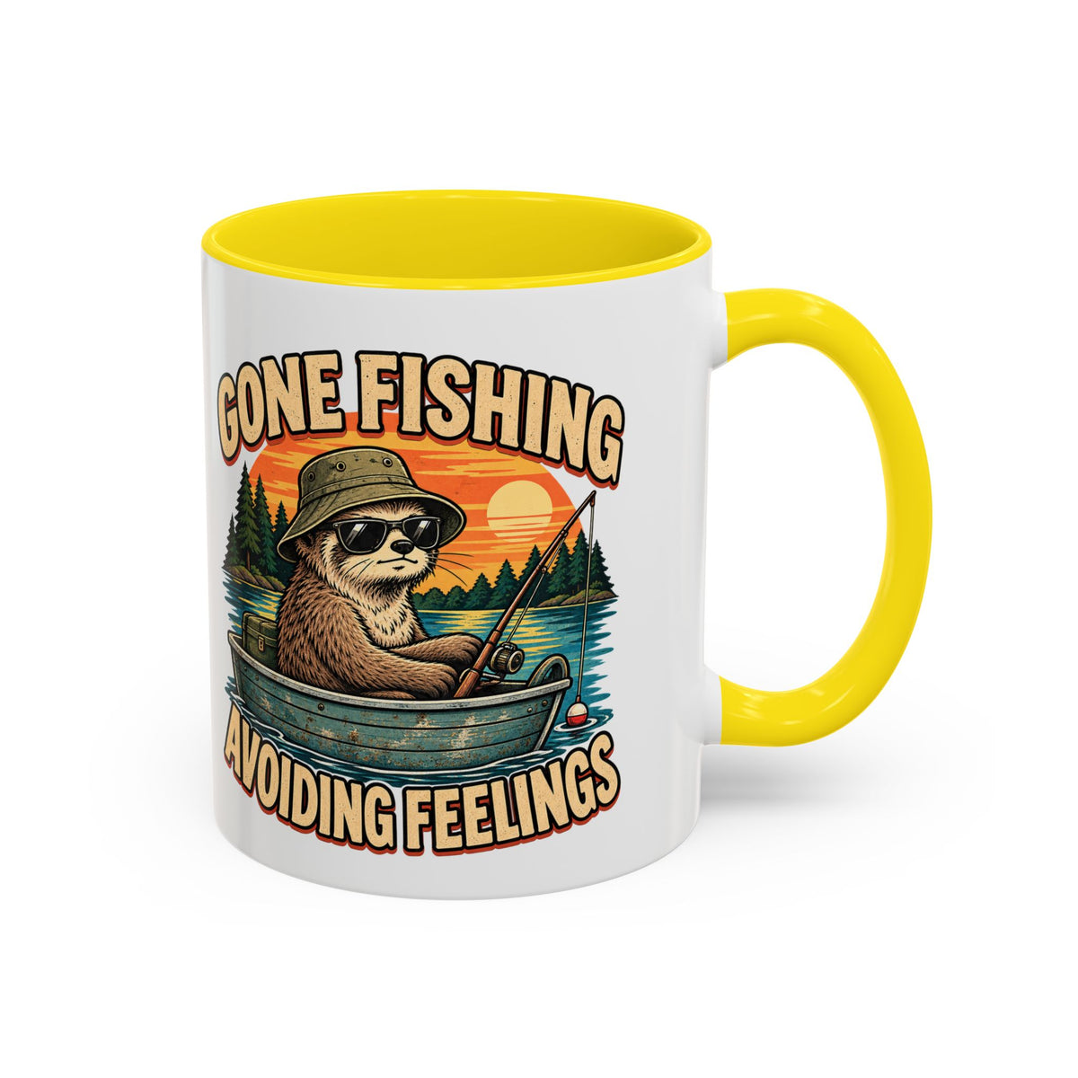 Funny And Witty "Gone Fishing Avoiding Feelings" Accent Coffee Mug (11, 15oz)