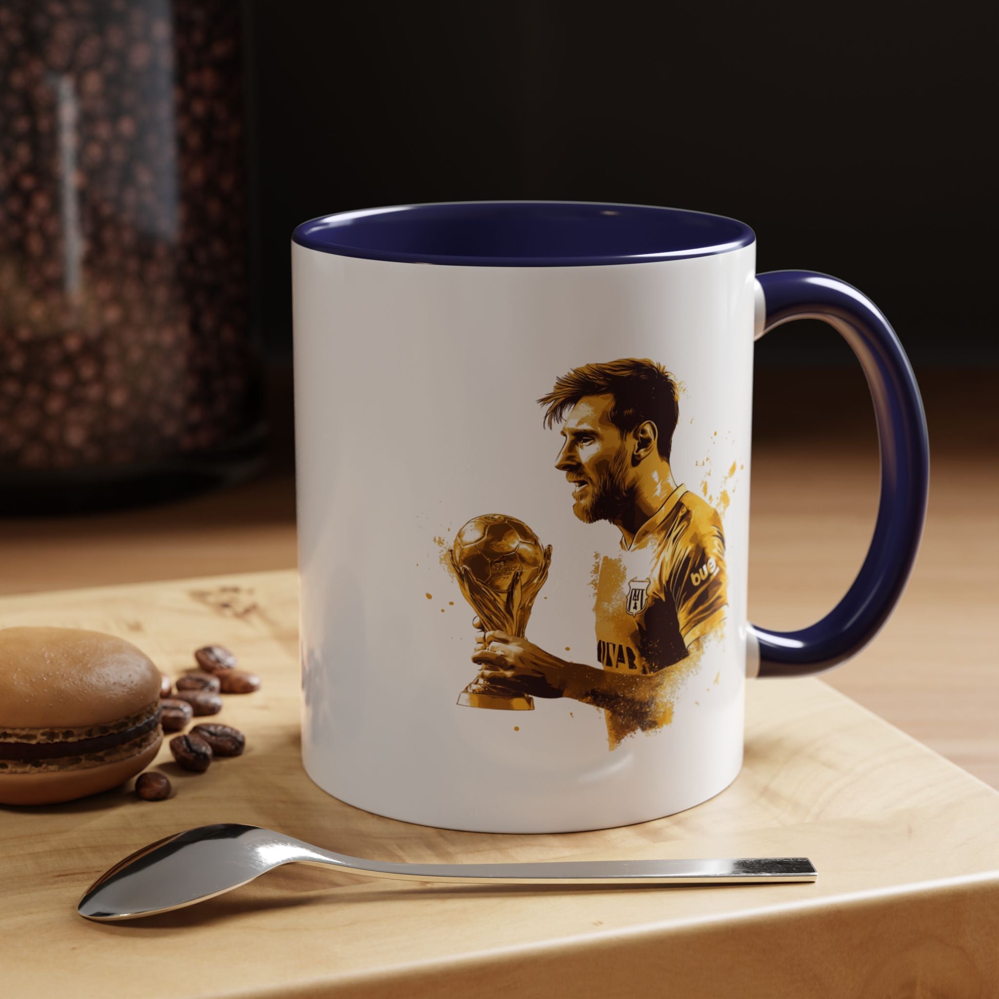 Soccer Legend Coffee Mug — Player Holding Trophy Accent Mug