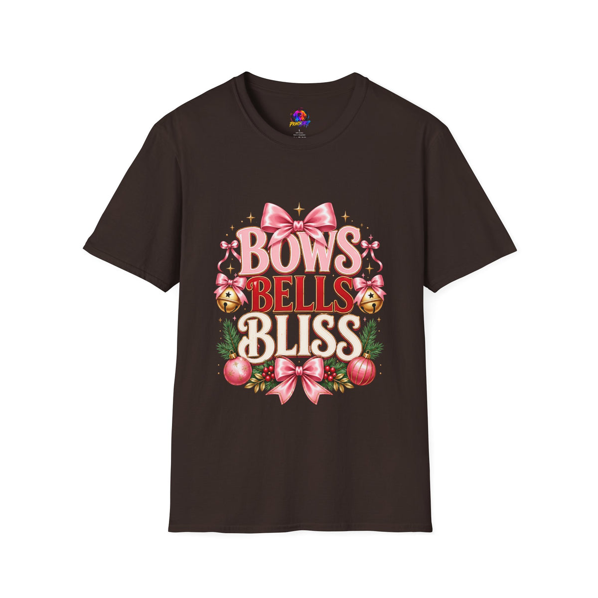 T-Shirt — "Bows Bells Bliss" Pink Holiday Graphic Tee