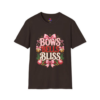 T-Shirt — "Bows Bells Bliss" Pink Holiday Graphic Tee