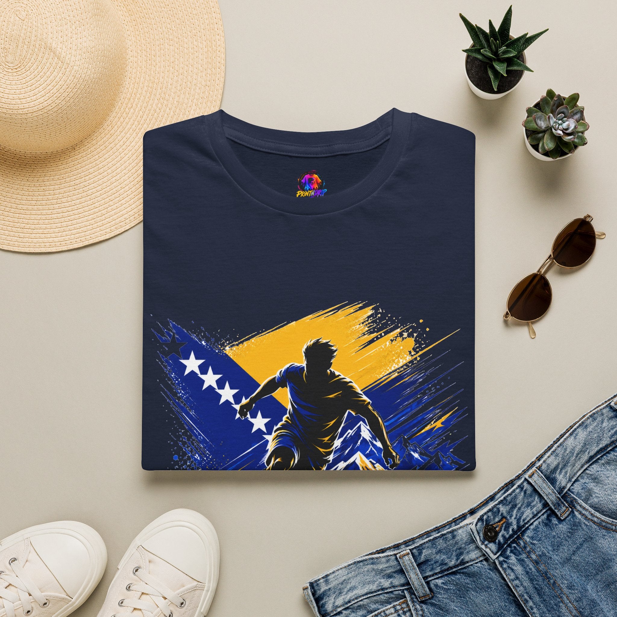 Bosnia Football T‑Shirt - "Blue Gold Rise" Soccer Graphic Tee