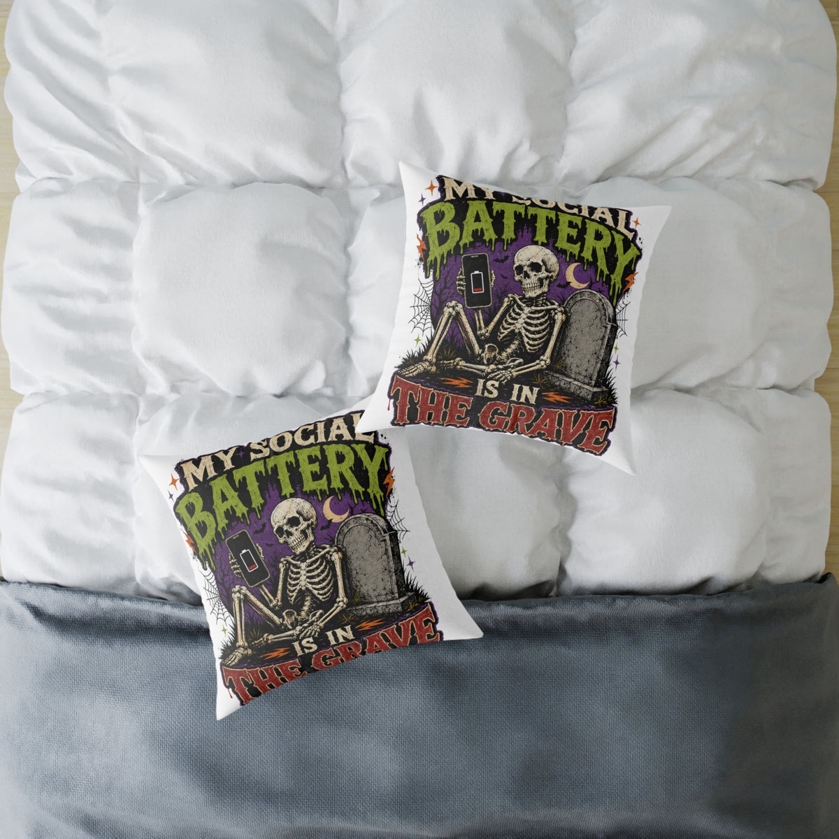 Halloween Skull Pillow — “My Social Battery Is In The Grave” Gothic Decorative Throw Pillow