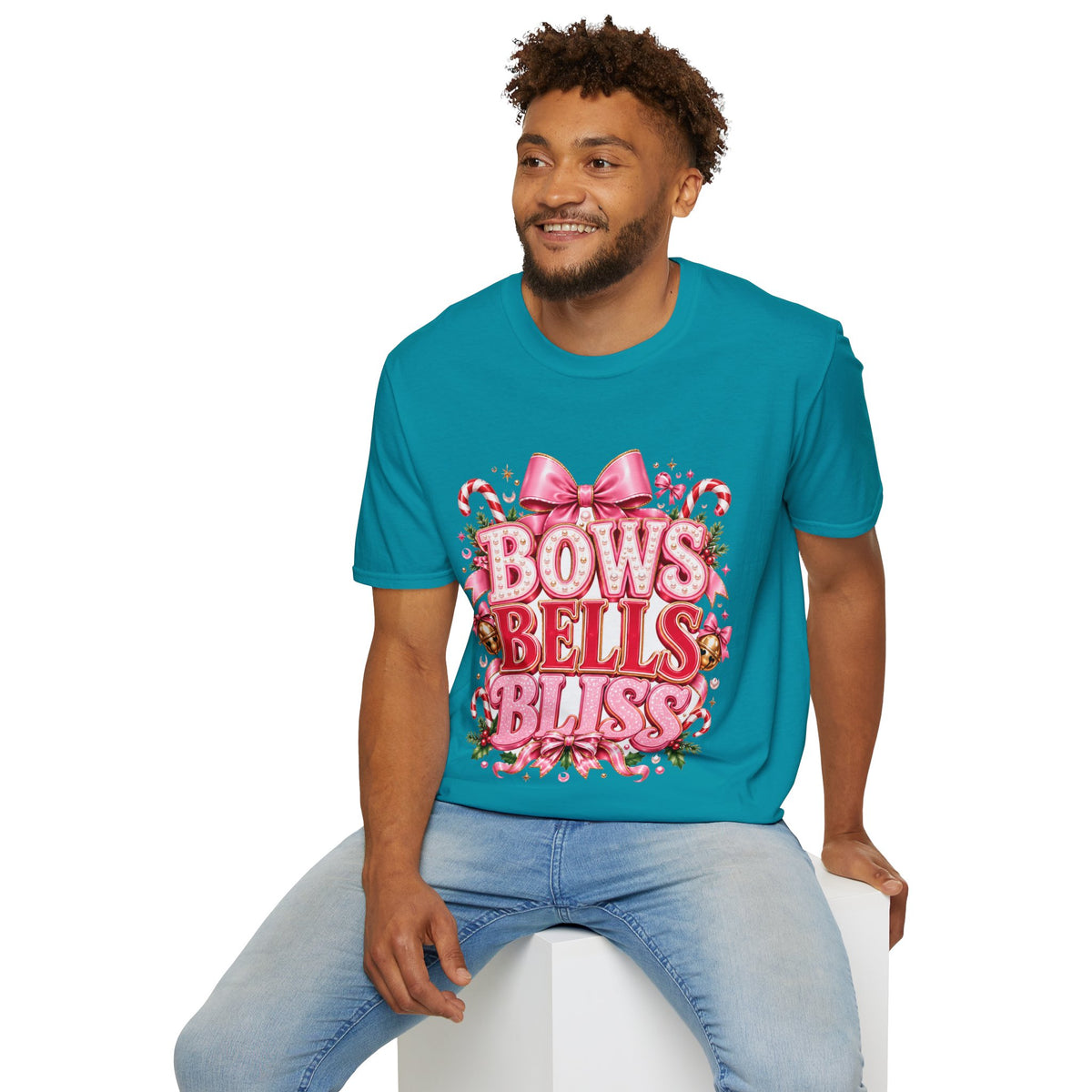 Bows Bells Bliss Christmas T‑Shirt — Pink Holiday Bow Graphic