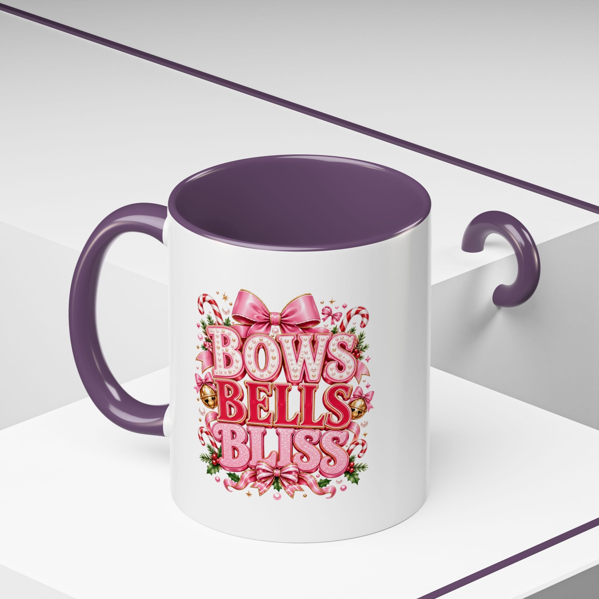 Modern Day Christmas Bows Bells Bliss Coffee Mug — Pink Holiday Accent Mug