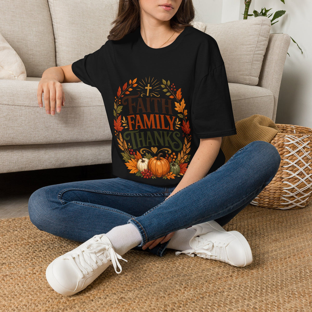 Thanksgiving T-Shirt Faith Family Thanks T-Shirt — Fall Pumpkin Thanksgiving Christian Tee