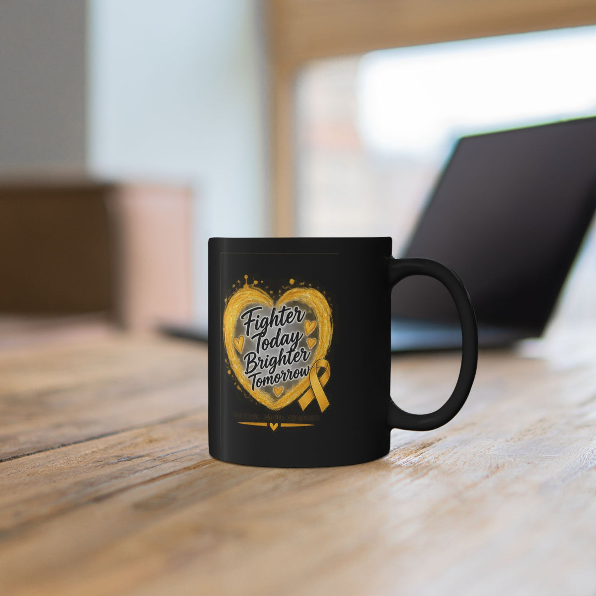Childhood Cancer Awareness Ribbon Mug — “Fighter Today, Brighter Tomorrow” Black Coffee Mug