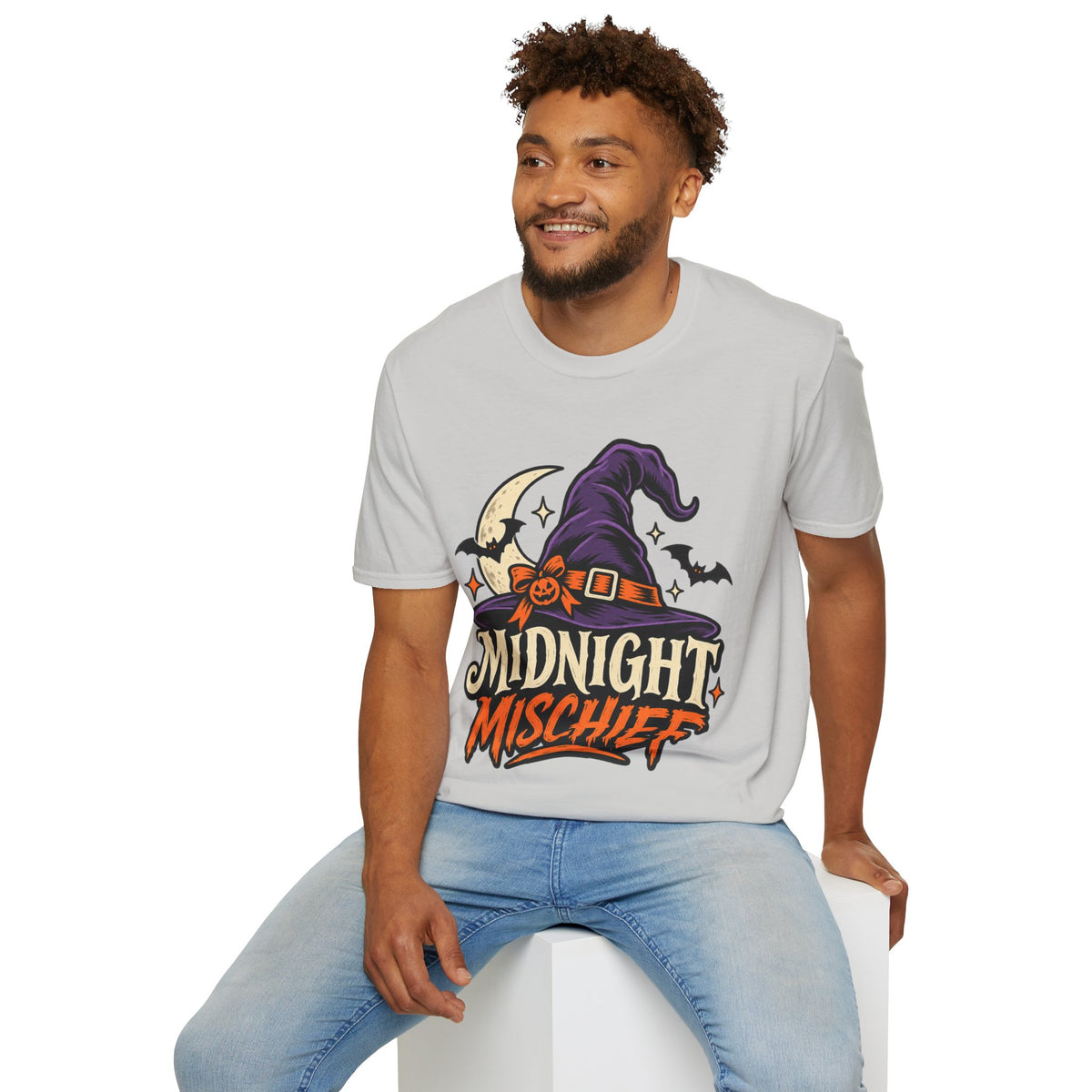 Midnight Mischief Halloween T-Shirt — Witch Hat & Bats Graphic