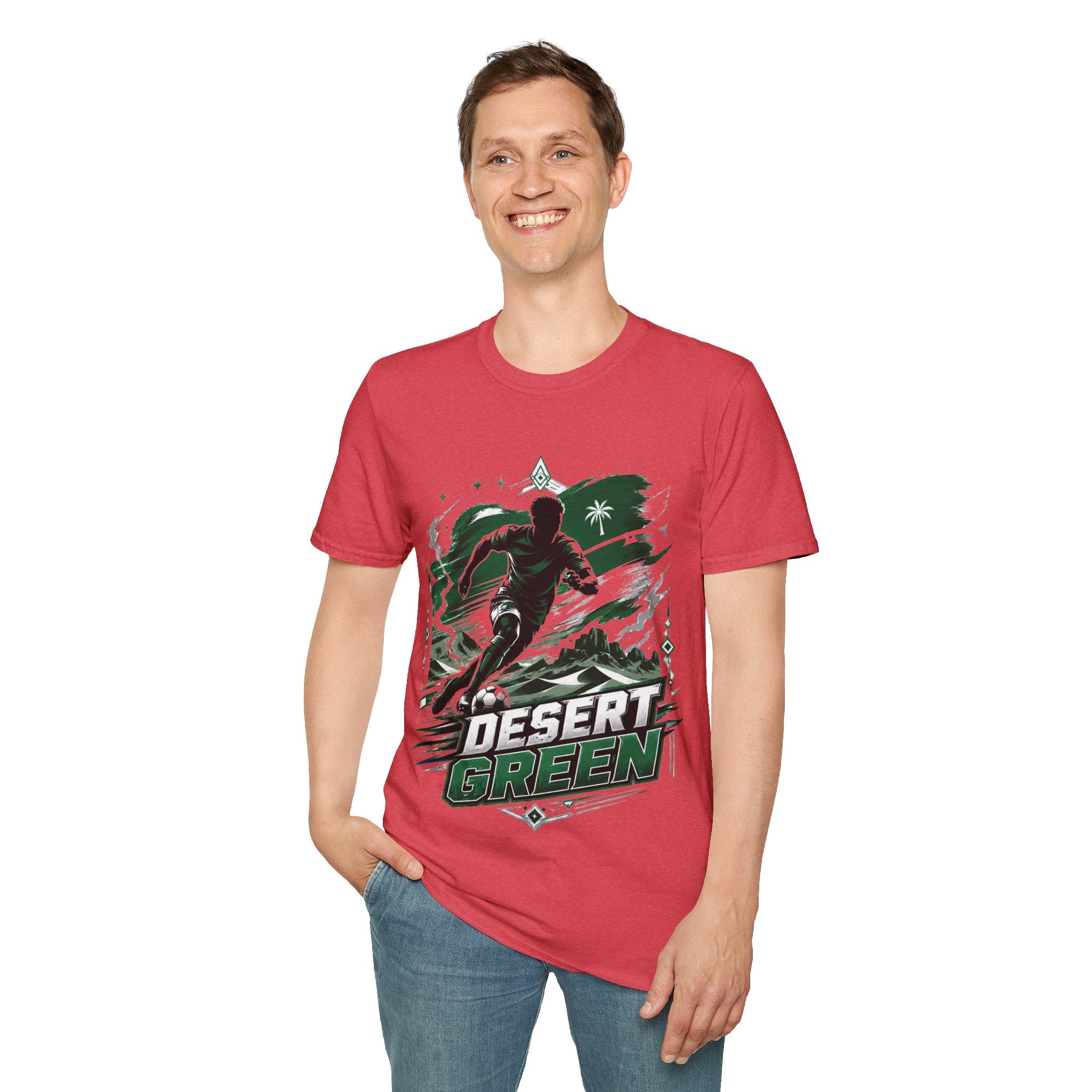 Saudi Arabia Desert Green Soccer T-Shirt — Silhouette Player Graphic