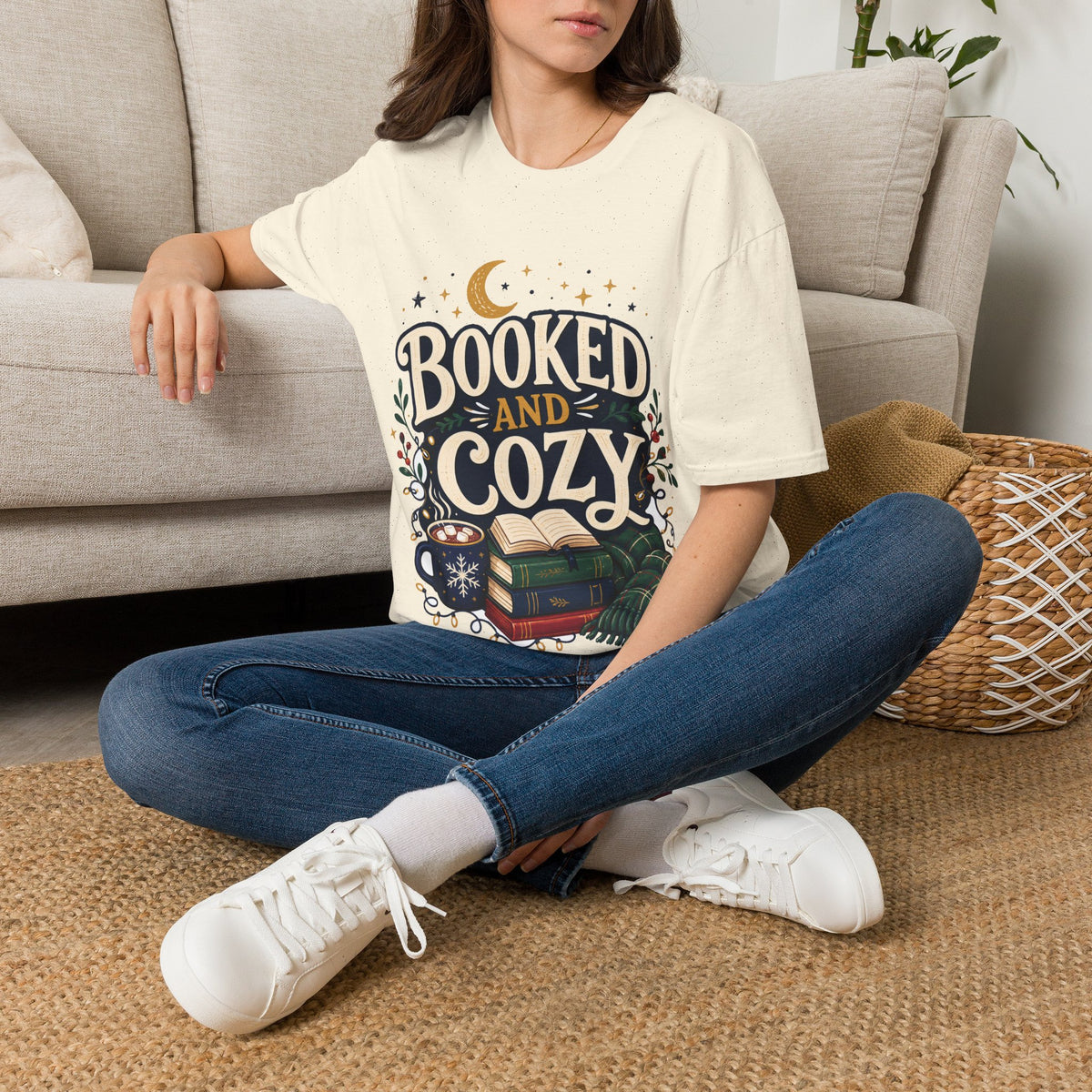 Booked and Cozy T-Shirt — Cozy Reading Graphic Tee (Books, Moon & Stars)