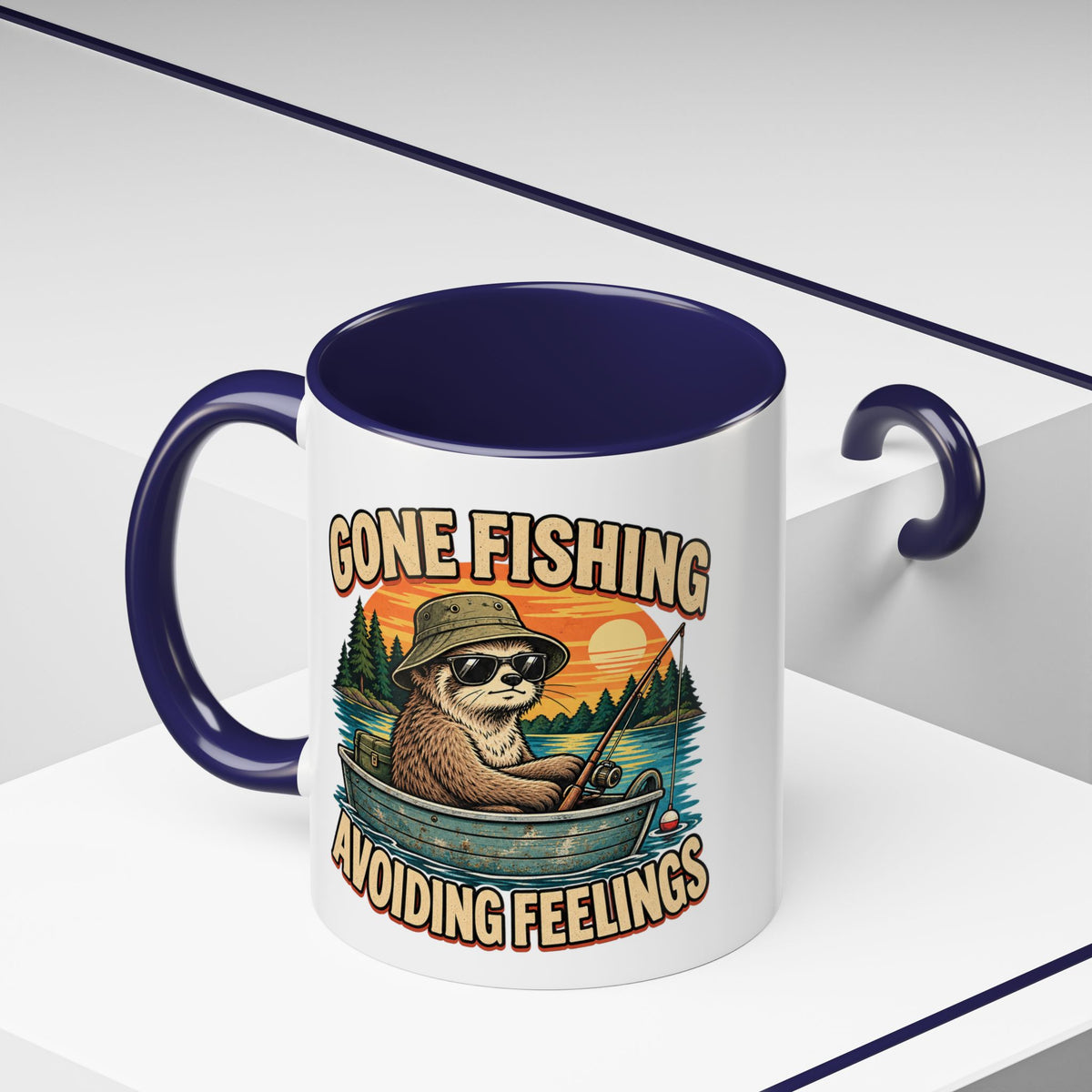Funny And Witty "Gone Fishing Avoiding Feelings" Accent Coffee Mug (11, 15oz)