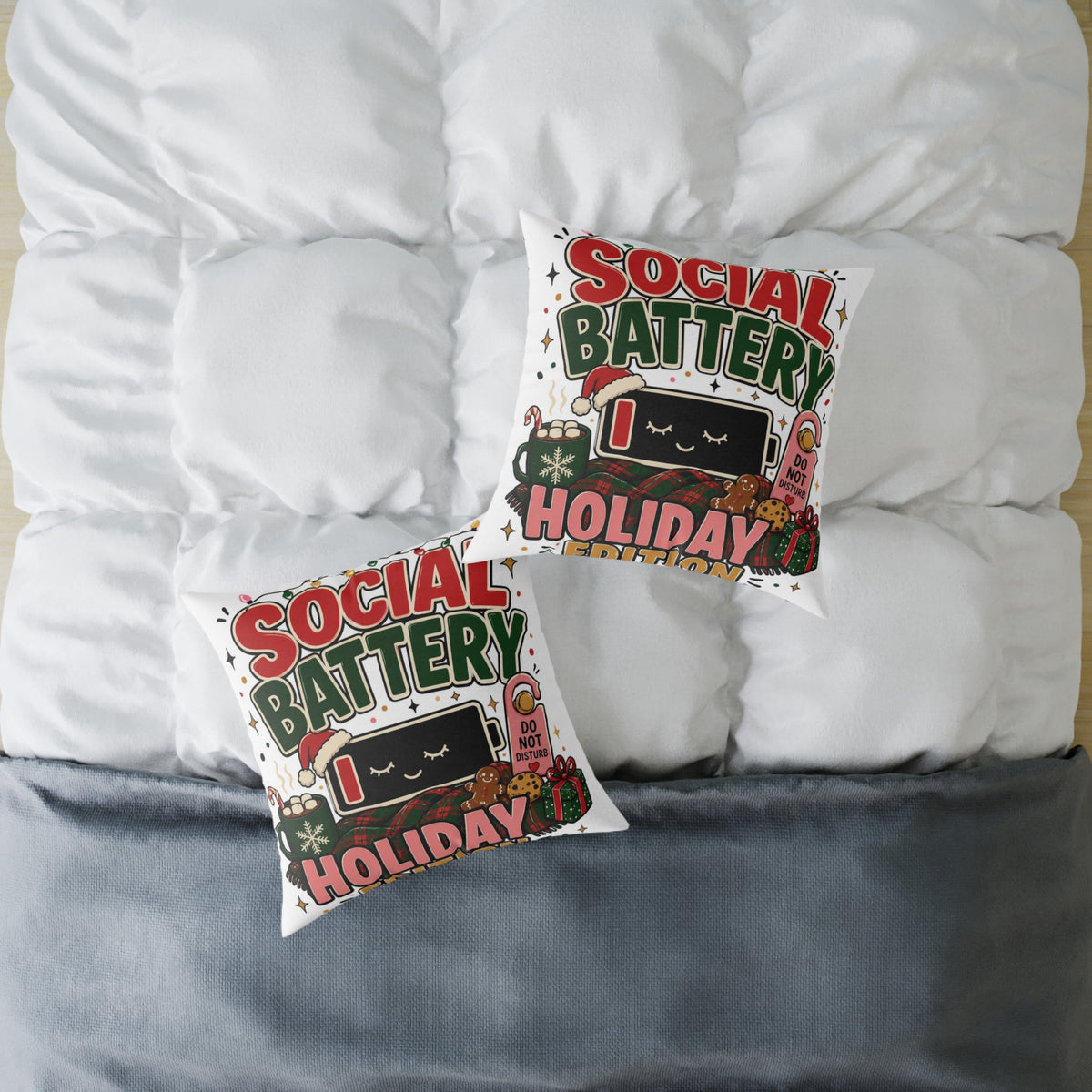 Social Battery Holiday Modern Day Christmas Pillow — Cute Low Energy Christmas Throw Pillow
