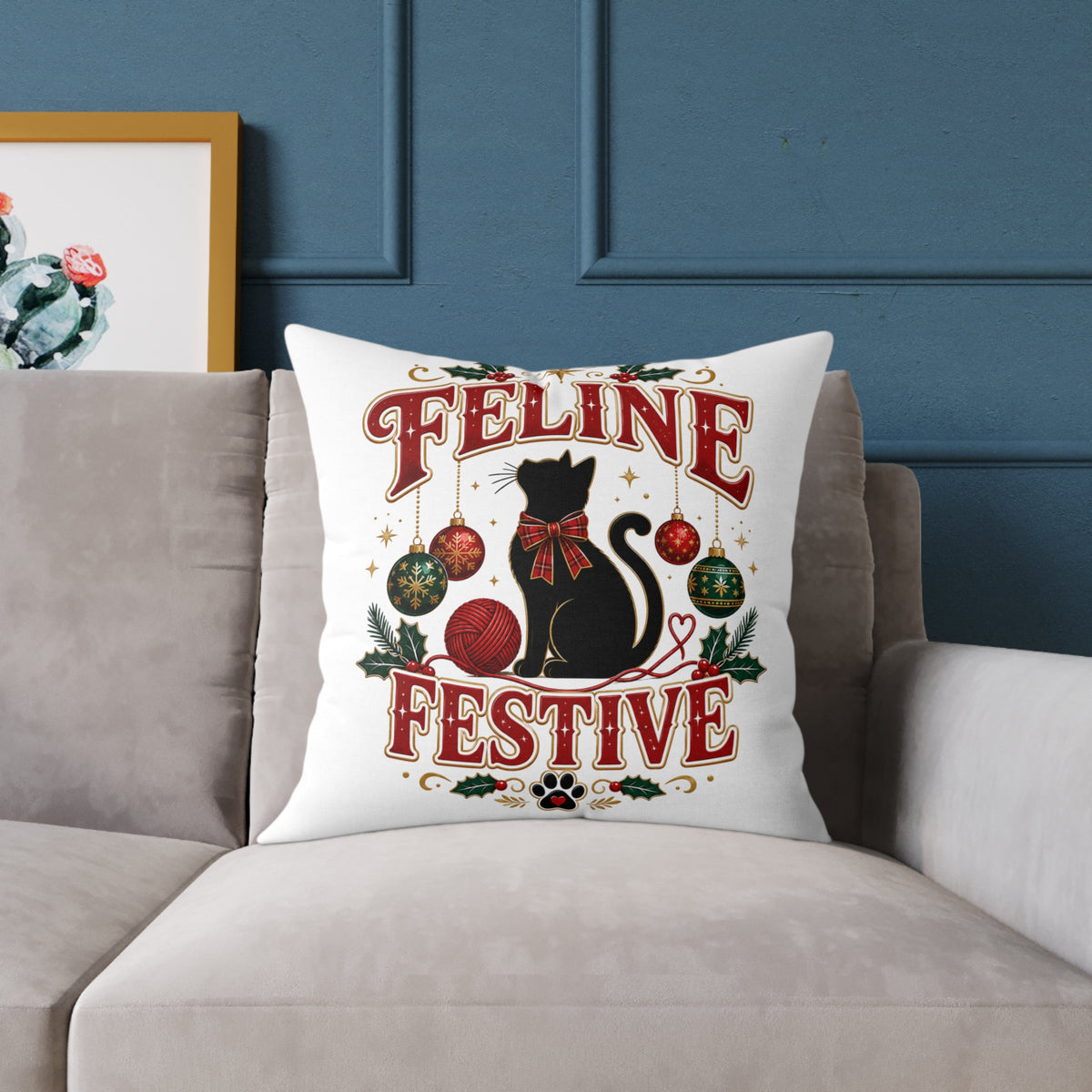 Christmas Feline Festive Square Pillow - Holiday Cat Decor