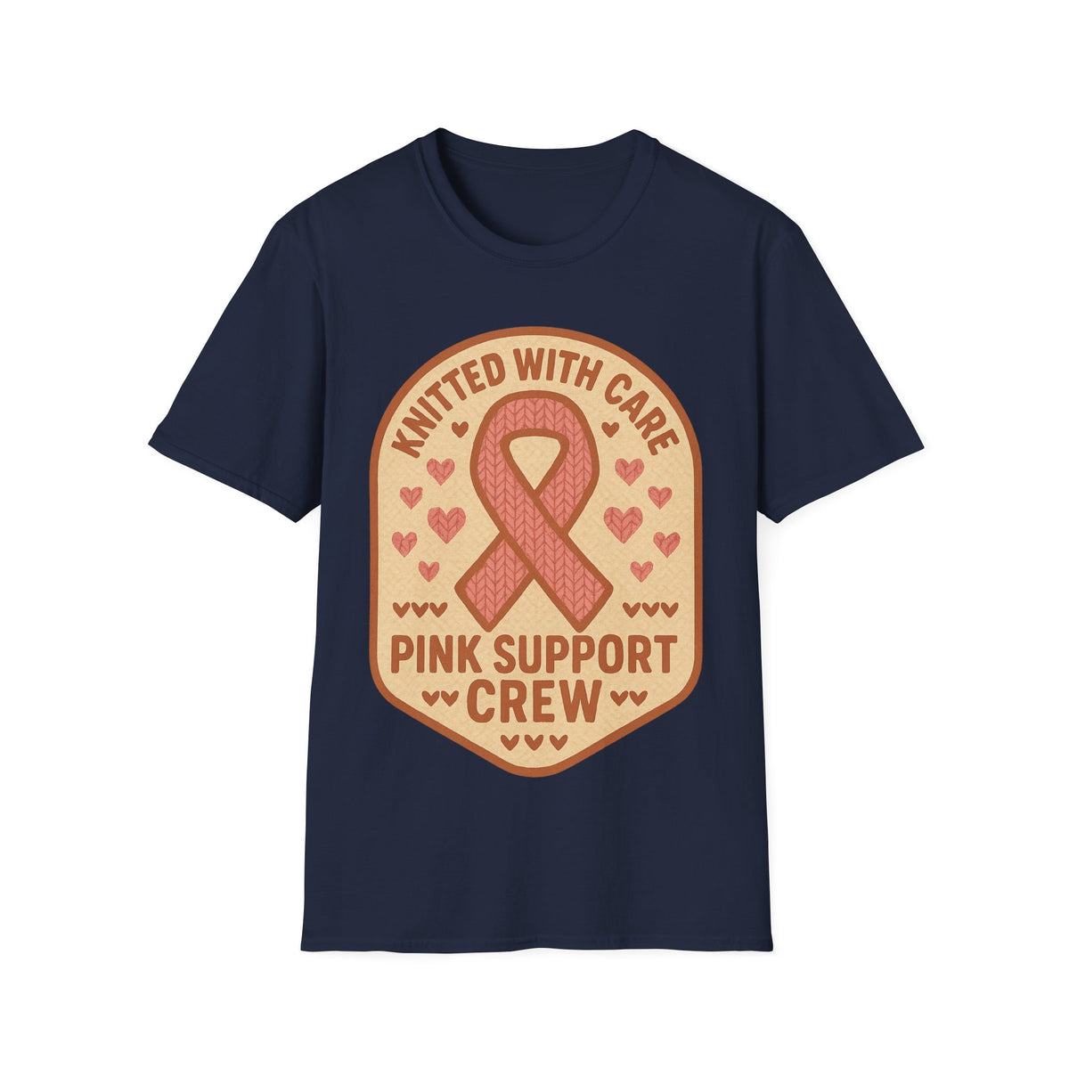 Pink Support Crew Knitted With Care Shield Badge T-Shirt, Breast Cancer Awareness Tee - Trending Now - September 2026