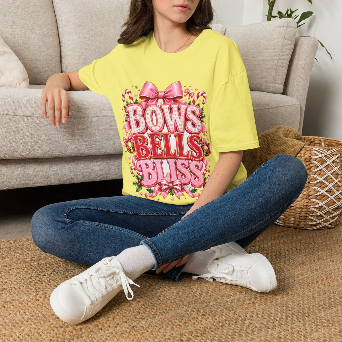 Bows Bells Bliss Christmas T‑Shirt — Pink Holiday Bow Graphic