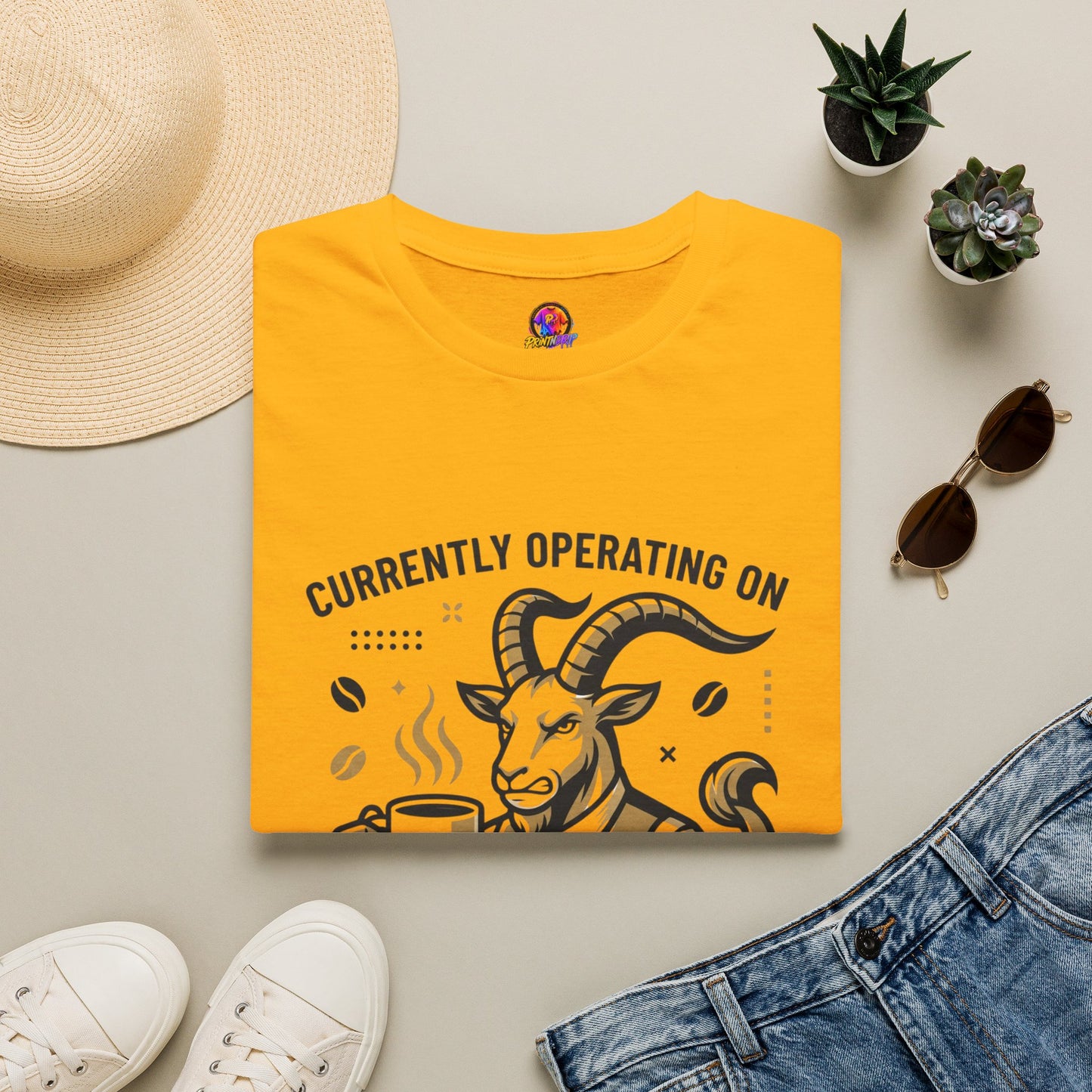 Capricorn T-Shirt — "Currently Operating on Caffeine and Spite" Zodiac Goat Tee