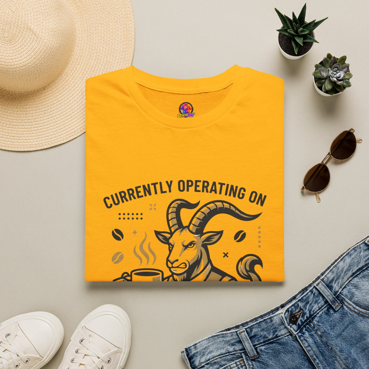 Capricorn T-Shirt — "Currently Operating on Caffeine and Spite" Zodiac Goat Tee