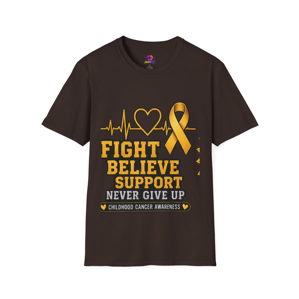 Childhood Cancer Awareness T-Shirt – "Fight Believe Support Never Give Up" Gold Ribbon Tee