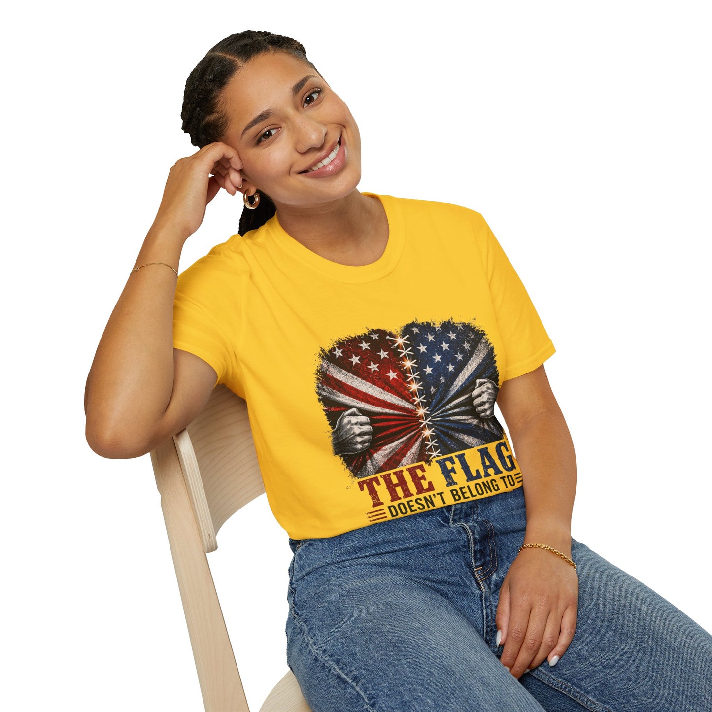 T-Shirt — "The Flag Doesn't Belong to One Side" Distressed American Flag Graphic