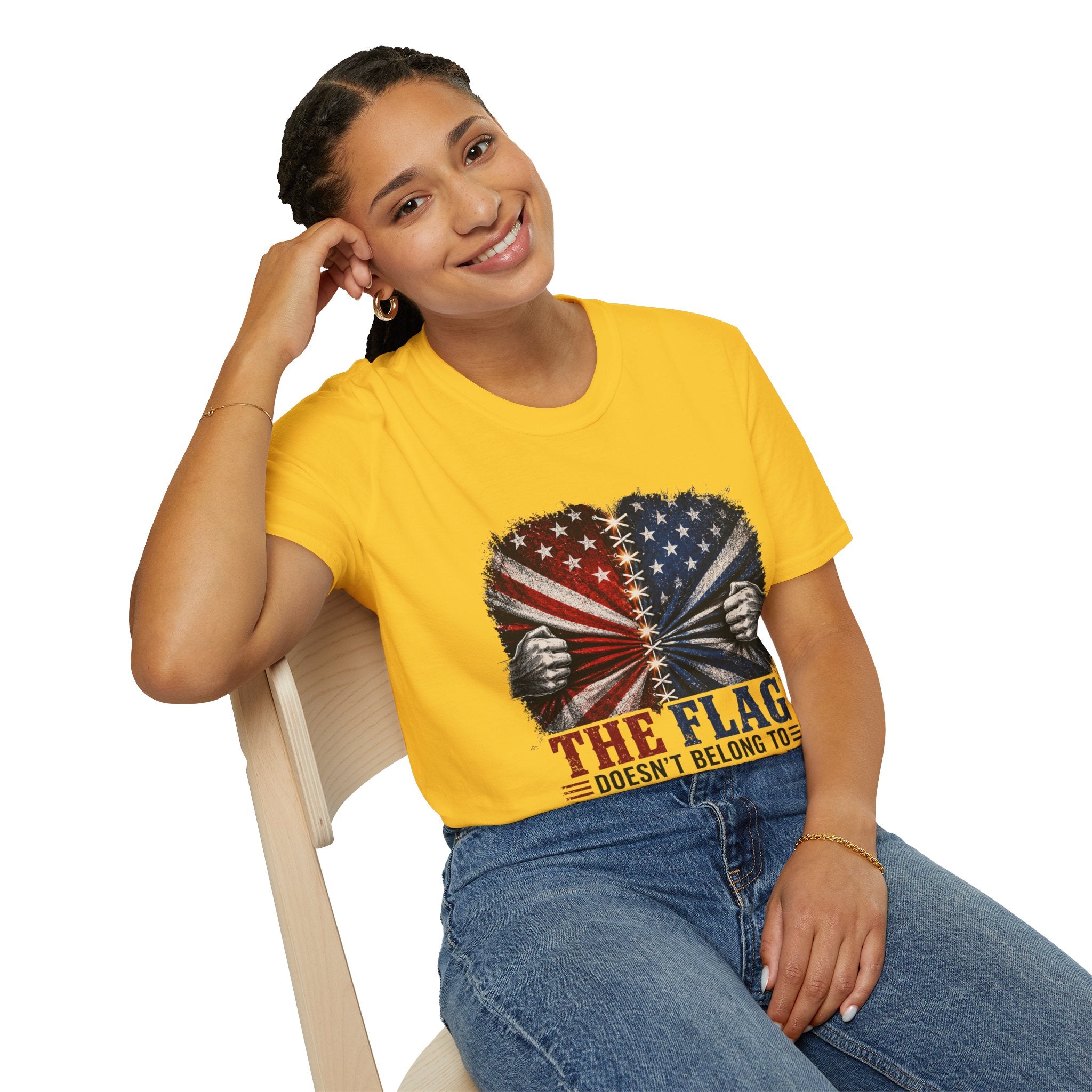 T-Shirt — "The Flag Doesn't Belong to One Side" Distressed American Flag Graphic