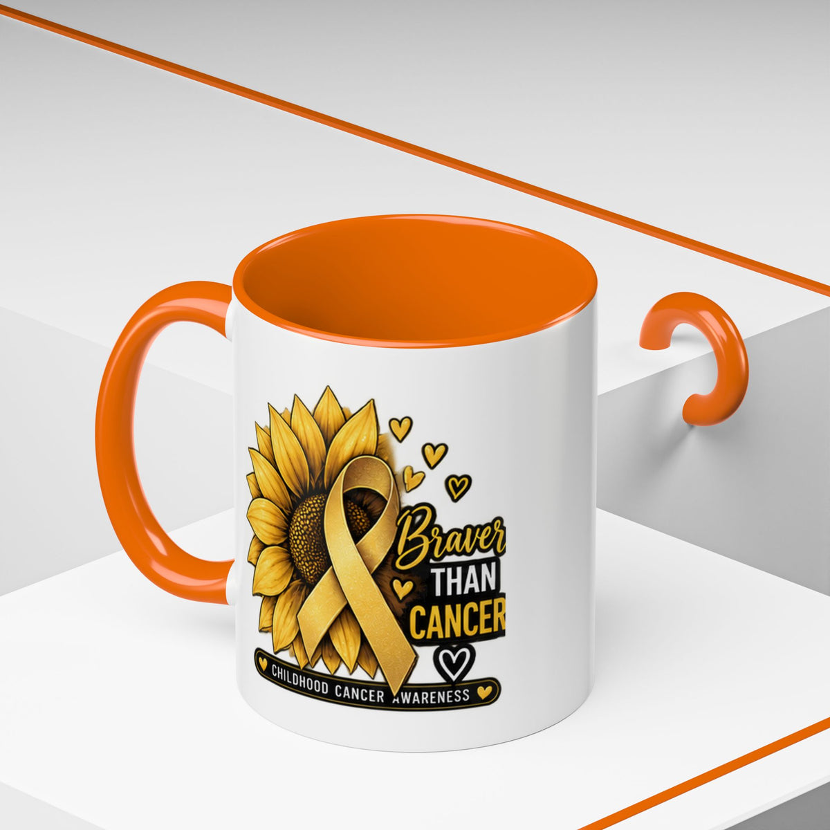 Childhood Cancer Awareness Mug — "Braver Than Cancer" Sunflower & Gold Ribbon