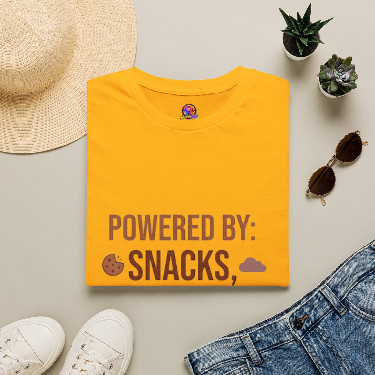 Powered By: Snacks, Naps & Stubbornness T-Shirt — Funny Casual Graphic Tee
