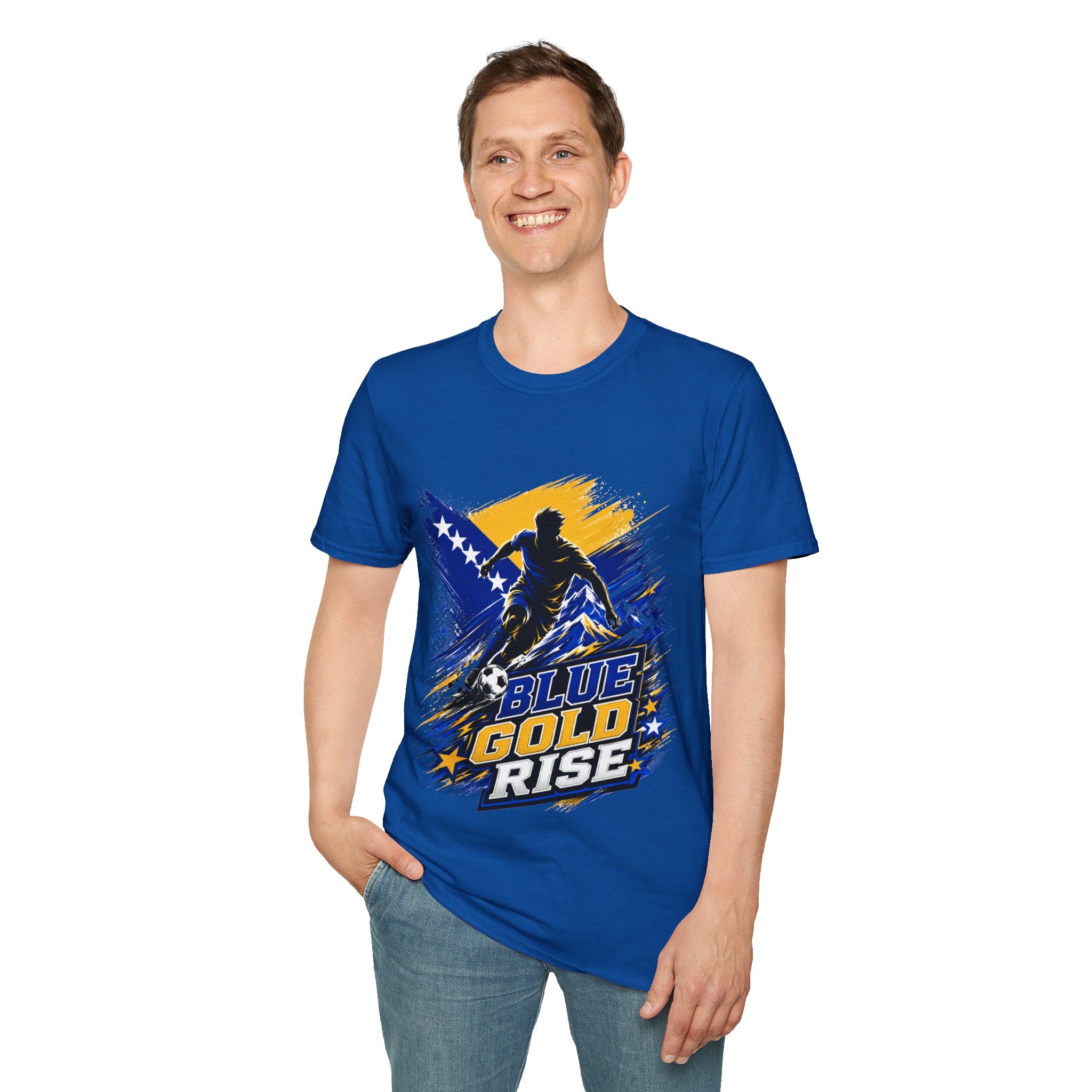Bosnia Football T‑Shirt - "Blue Gold Rise" Soccer Graphic Tee