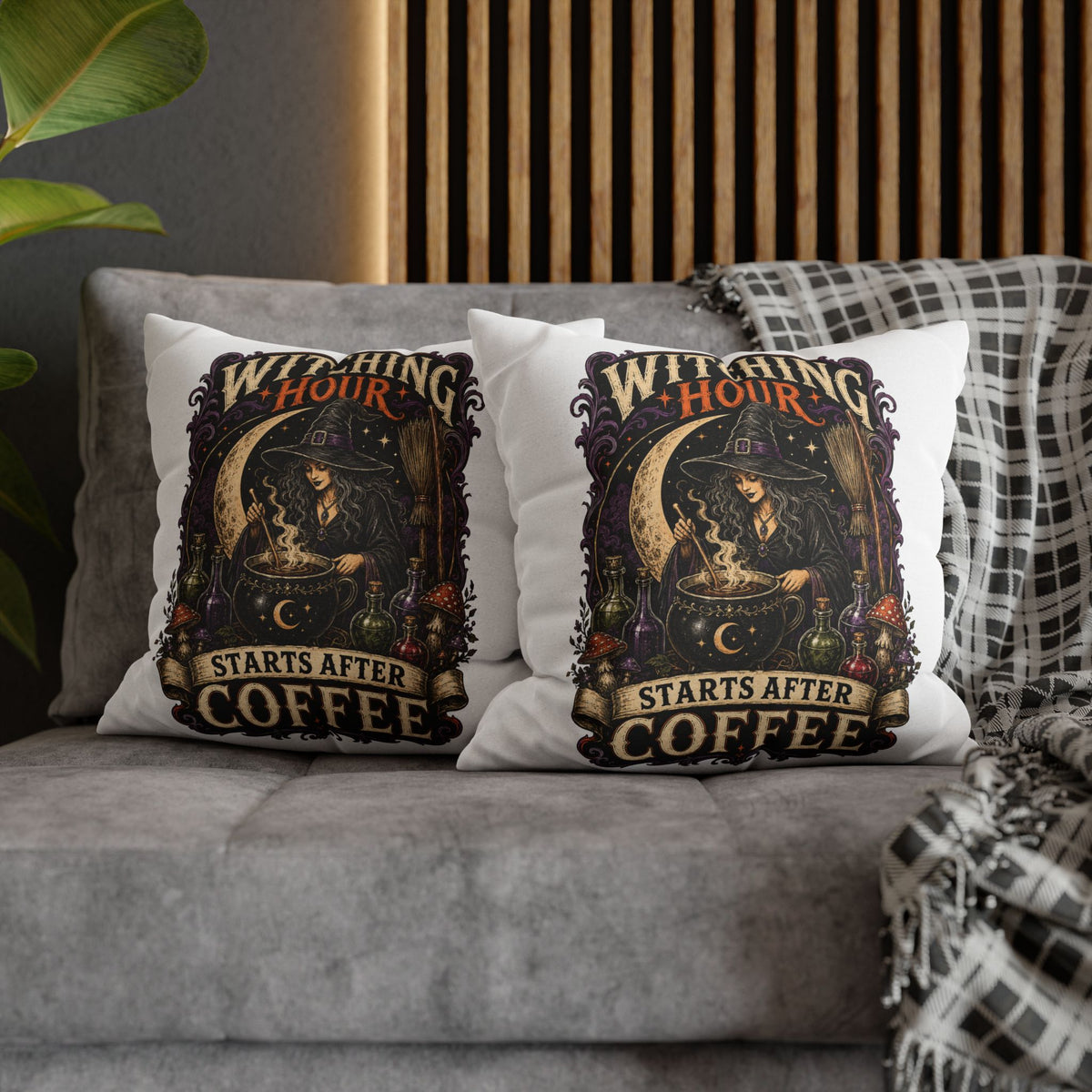 Halloween Witching Hour Pillowcase — "Witching Hour Starts After Coffee" Gothic Witch Decor