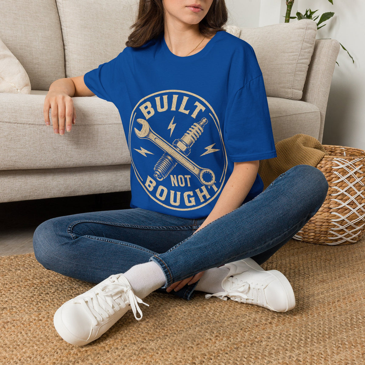 Built Not Bought T-Shirt — Vintage Mechanic Wrench & Spark Plug Design