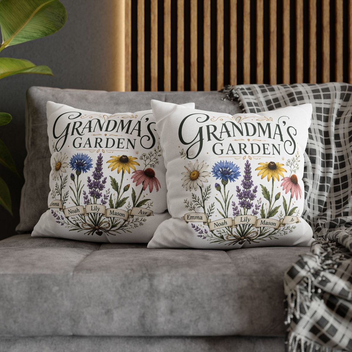 Grandma’s Garden Floral Pillowcase Milo Bailey Dog Dad Mom — Personalized Names Decorative Throw Pillow