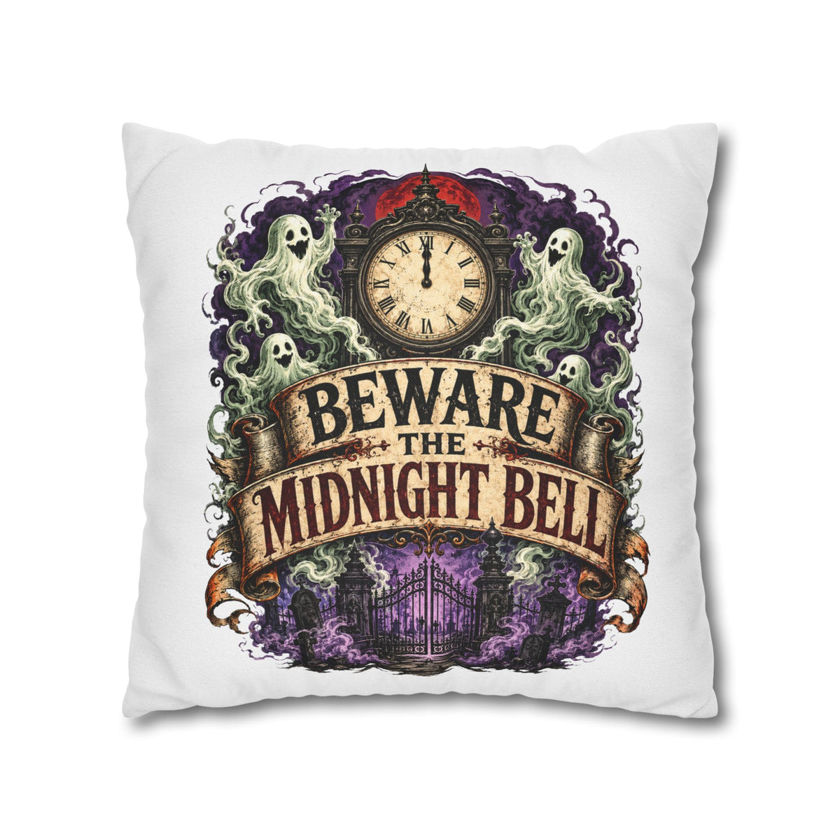 Halloween Beware the Midnight Bell Pillowcase — Haunted Clock & Ghosts Decorative Throw Pillow