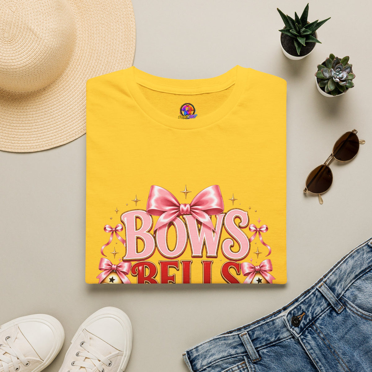 T-Shirt — "Bows Bells Bliss" Pink Holiday Graphic Tee