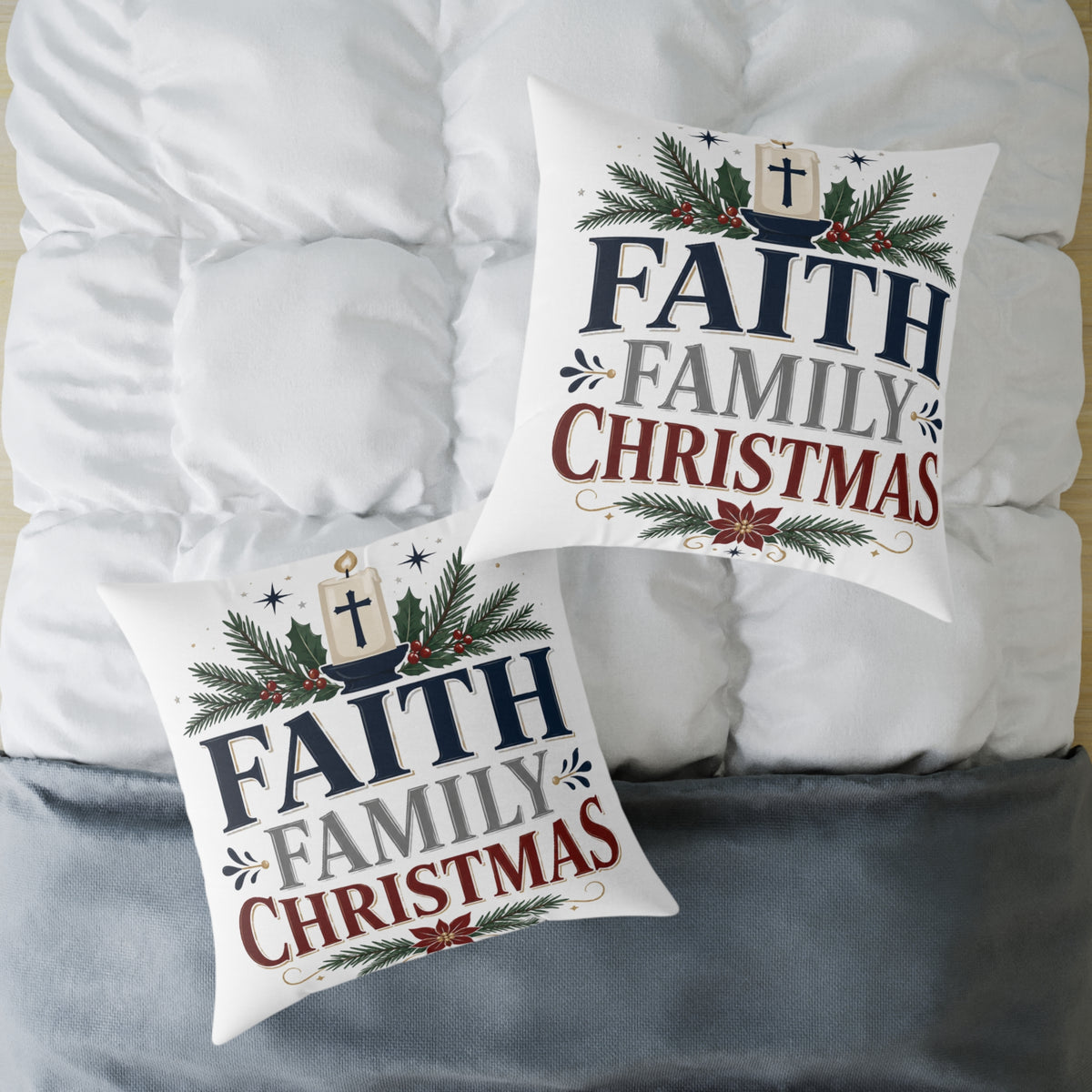 Christmas Pillow - 'Faith Family Christmas' Holiday Decorative Throw Pillow