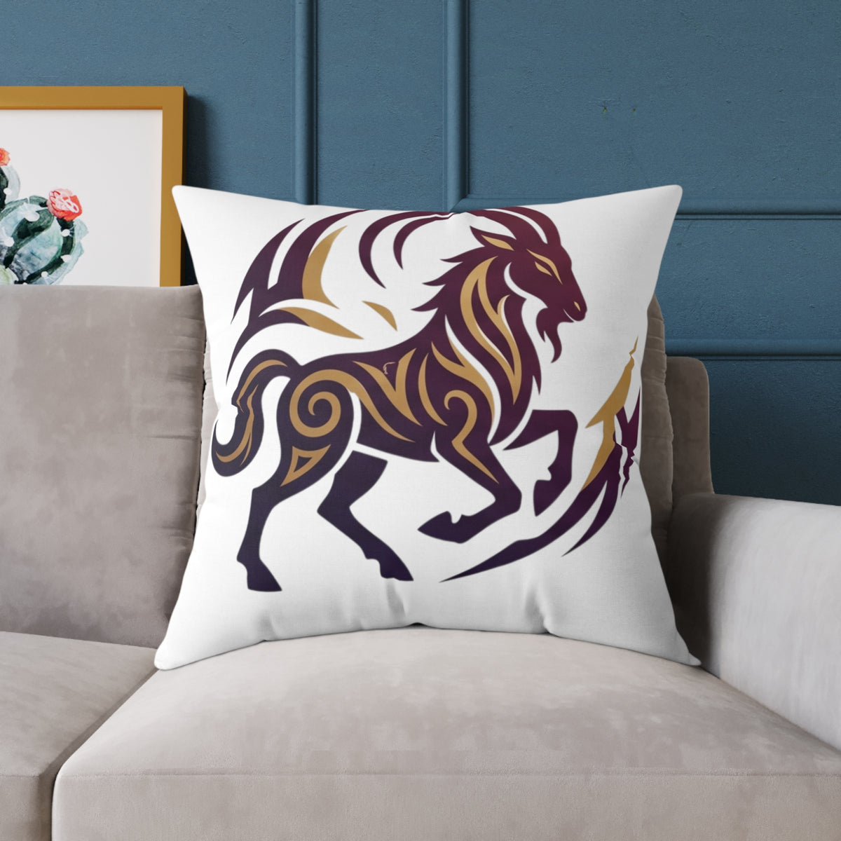 Capricorn Zodiac Tribal Lion Square Throw Pillow — Bold Abstract Mane Accent Cushion