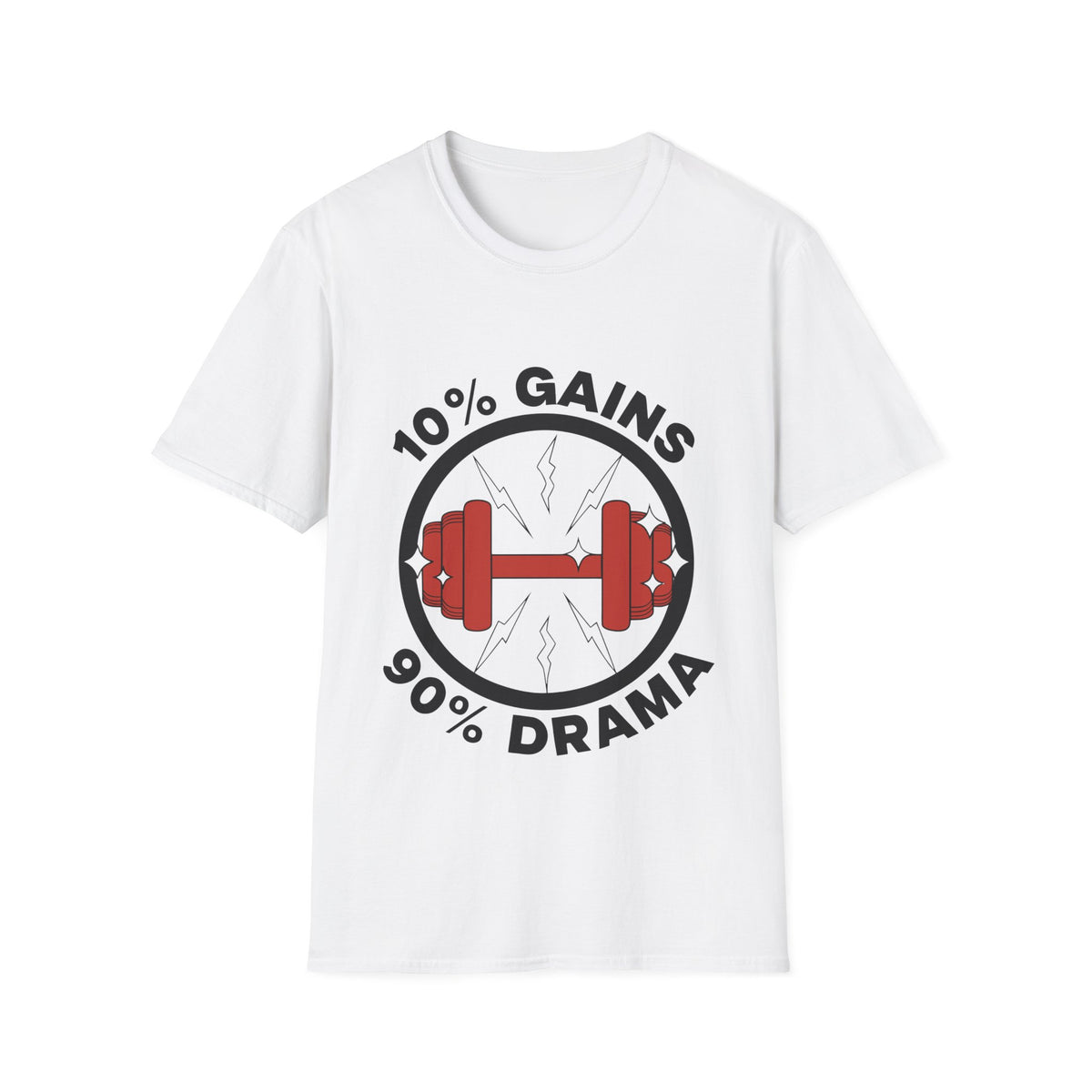 10% Gains 90% Drama Red Barbell T-Shirt - Funny Gym Circle Logo Graphic Tee - Trending Now - September 2026