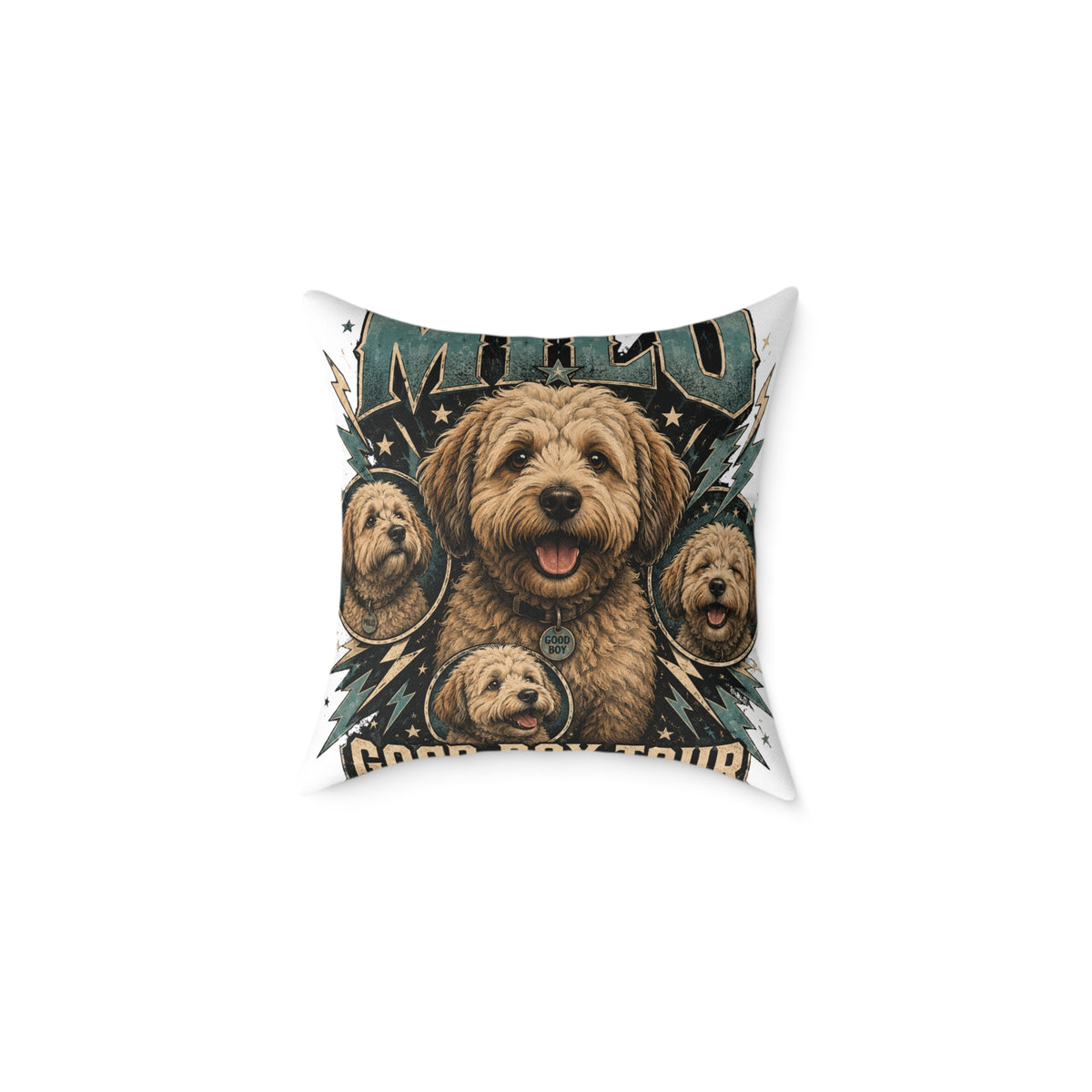 Milo Golden Doodle Band Tour Square Pillow  Milo Bailey Dog Dad Mom— Retro Dog Portrait Decorative Throw
