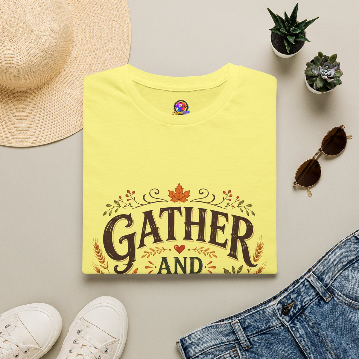 Thanksgiving T-Shirt Gather and Give Thanks T-Shirt — Thanksgiving Fall Holiday Tee