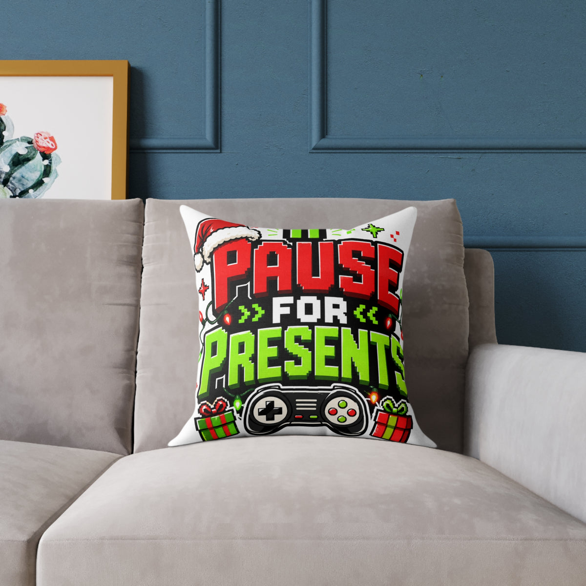 Modern Day Christmas Holiday Gamer Pillow — "Pause for Presents" Christmas Gaming Throw Pillow