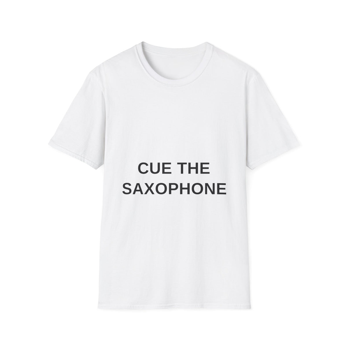 Cue The Saxophone Minimalist Text Statement Jazz Music White Graphic Tee - Trending Now - September 2026