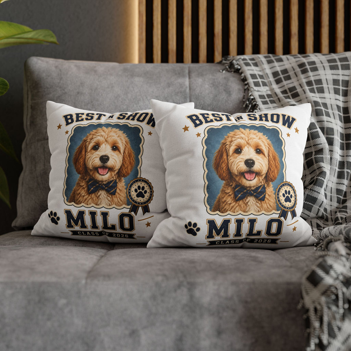 Best in Show Personalized Dog Pillowcase — "Milo" Pet Portrait Cushion (Class of 2026) Milo Bailey Dog Dad Mom