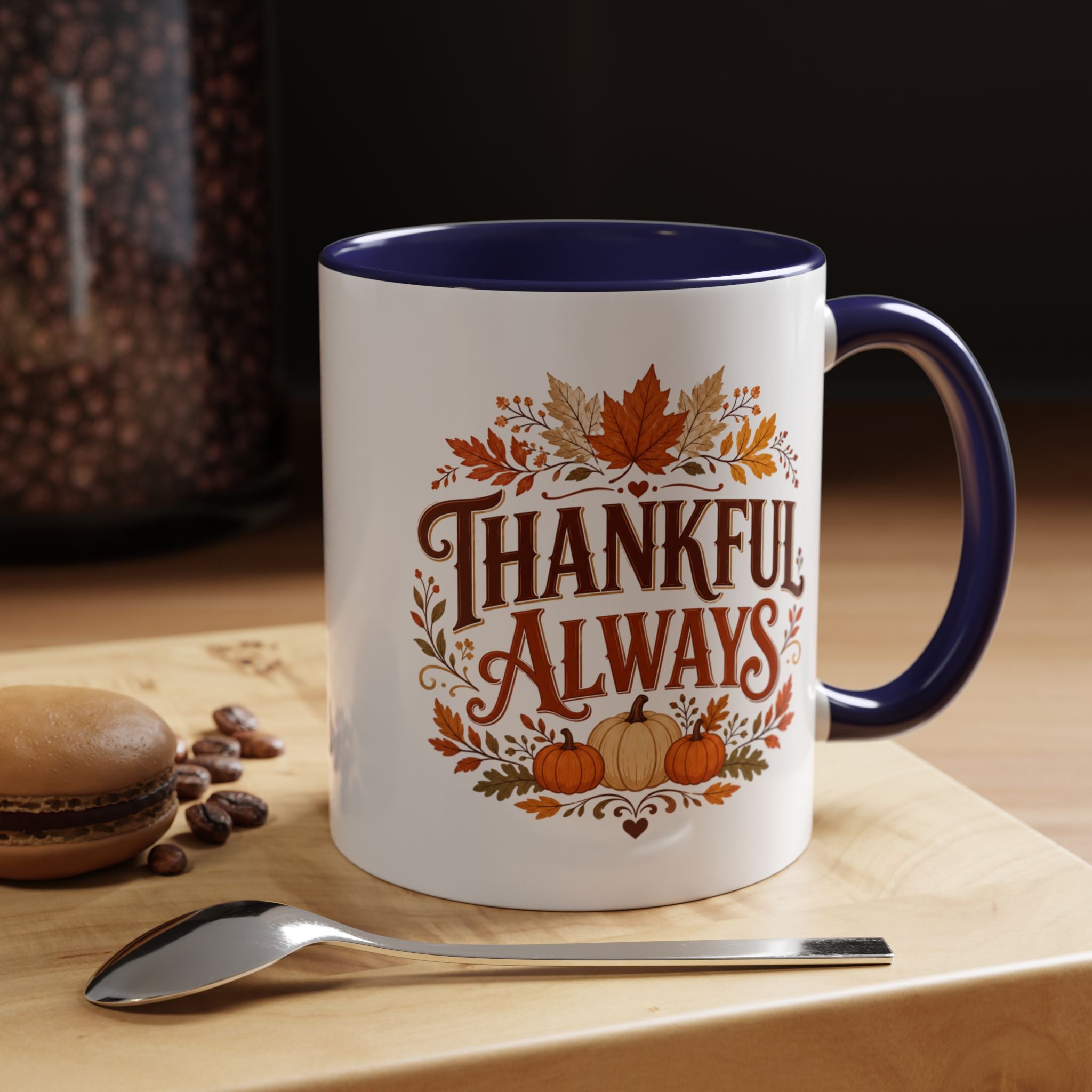 Thanksgiving Mug Thankful Always Accent Coffee Mug — Fall Pumpkin & Leaves Thanksgiving Gift