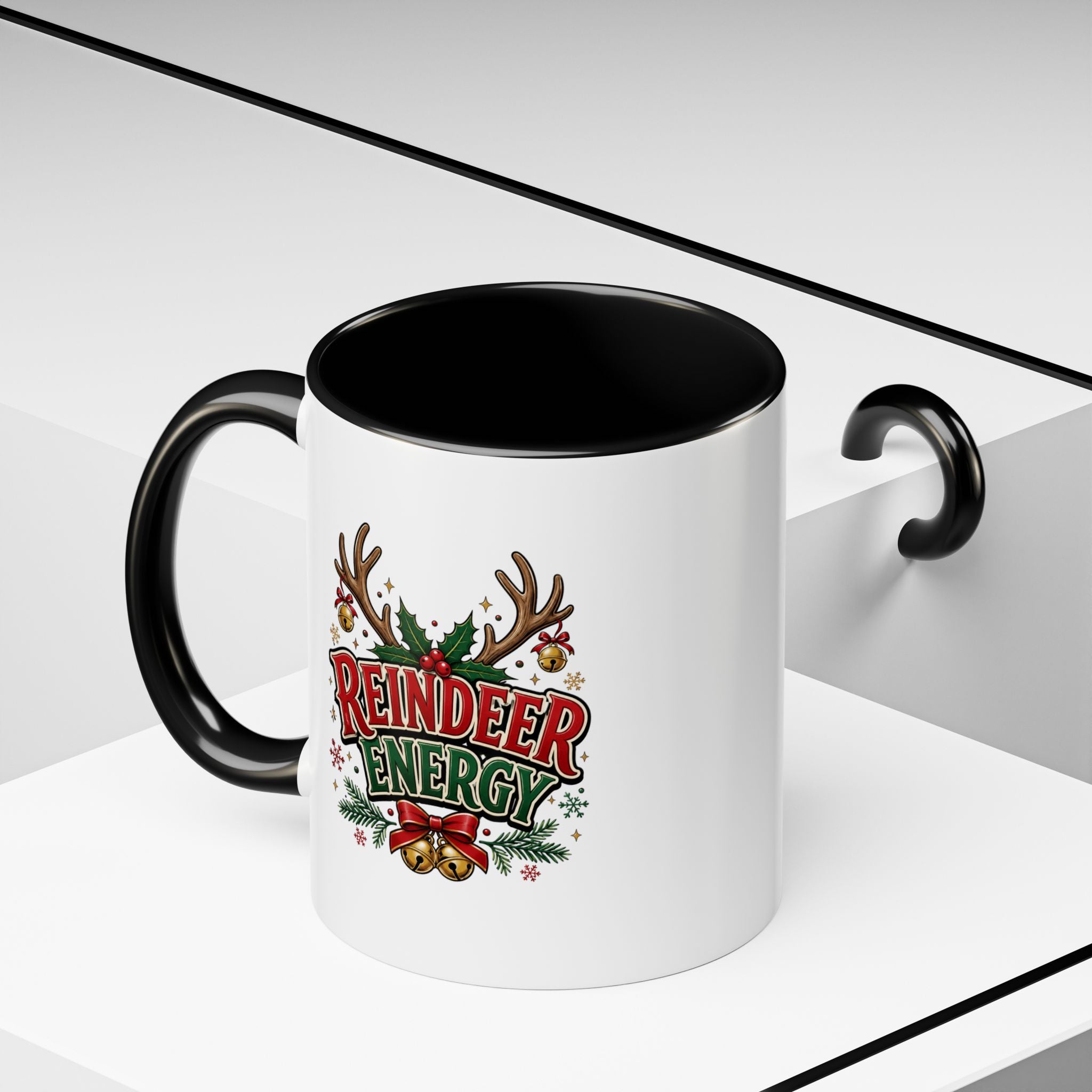 Reindeer Energy Coffee Mug – Holiday Christmas Antlers & Bells Accent Mug