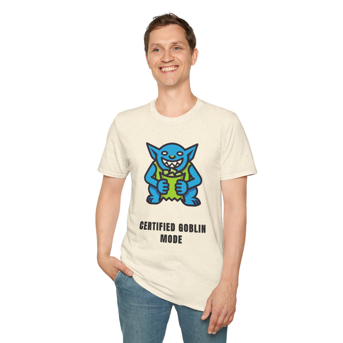 Gritty Goblin Graphic Tee - Cute Blue Goblin "Destined Goblin Mode" T-Shirt - Trending Now - September 2026