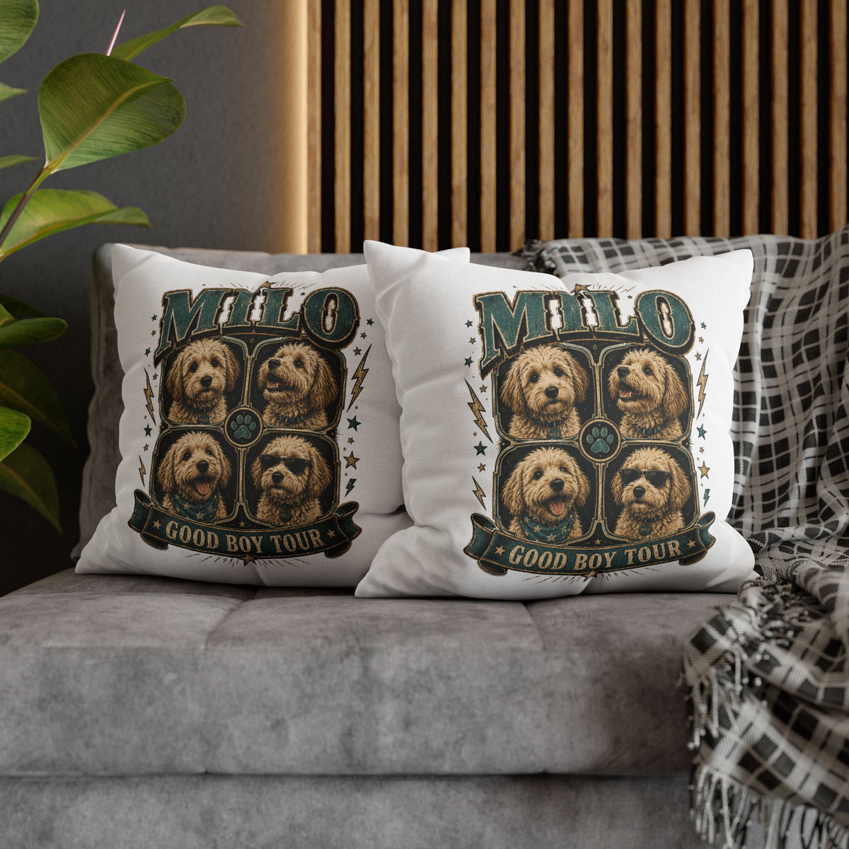 Milo "Good Boy Tour" Decorative Pillowcase — Dog Band Tour Poster Throw Pillowcase Milo Bailey Dog Dad Mom